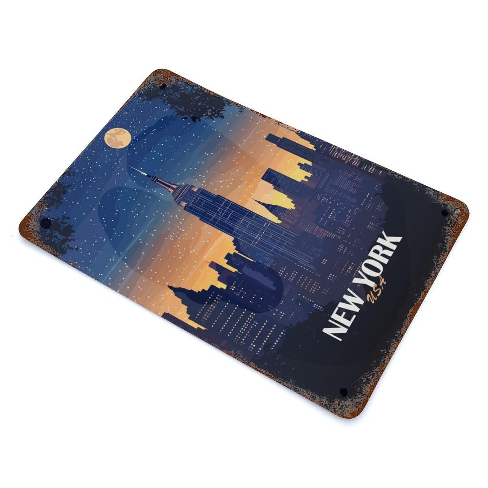 New York City Skyline at Night 11.8"x7.9" Weathered Tin Sign, Rustic Home Decor for Living Room, Hallway And Home Decor