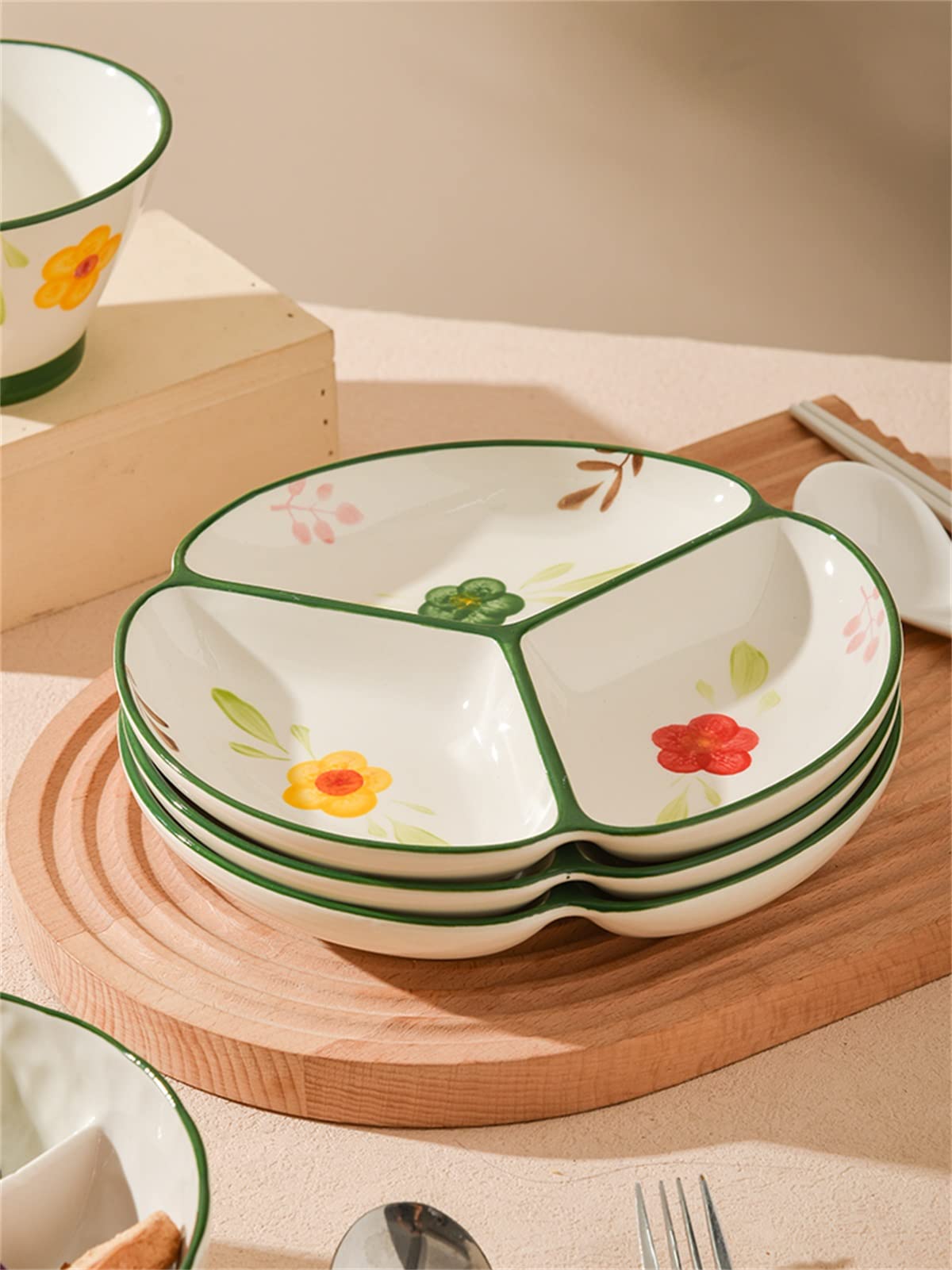 Podzielony zestaw talerzy Retro styl rustykalny Kwadratowe ceramiczne zastawy stołowe Talerze sałatkowe Naczynia do kuchni Kreatywne z miskami, łyżką, pałeczkami, łyżką i tacą 6 sztuk