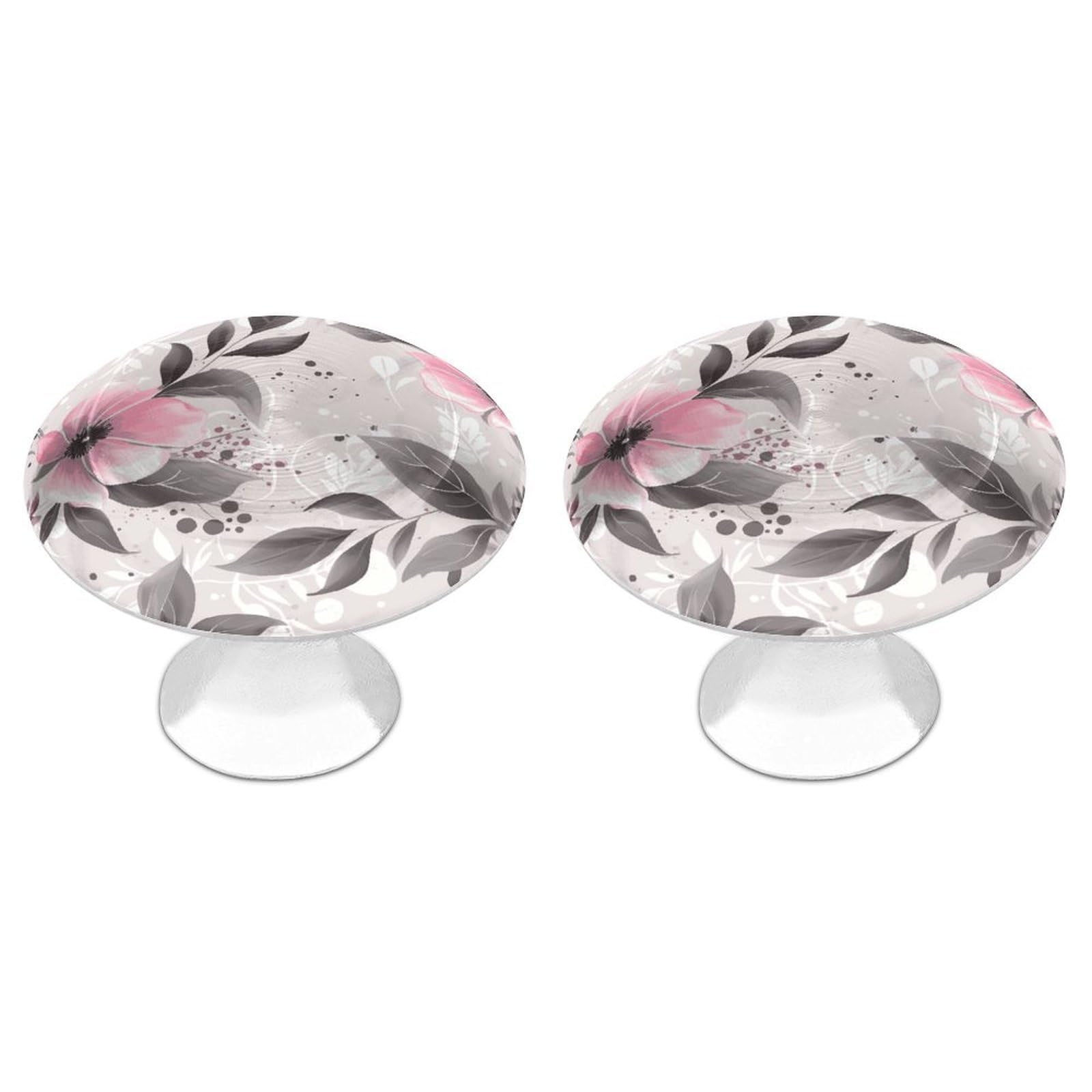 FekiLoot Pink Flowers and Leaves on Gray Cabinet Knobs Personality Stainless Steel Round Drawer Handles Circle Modern Cabinet Handles Drawer Knobs for Kitchen Dresser Bathroom Cupboard Furniture