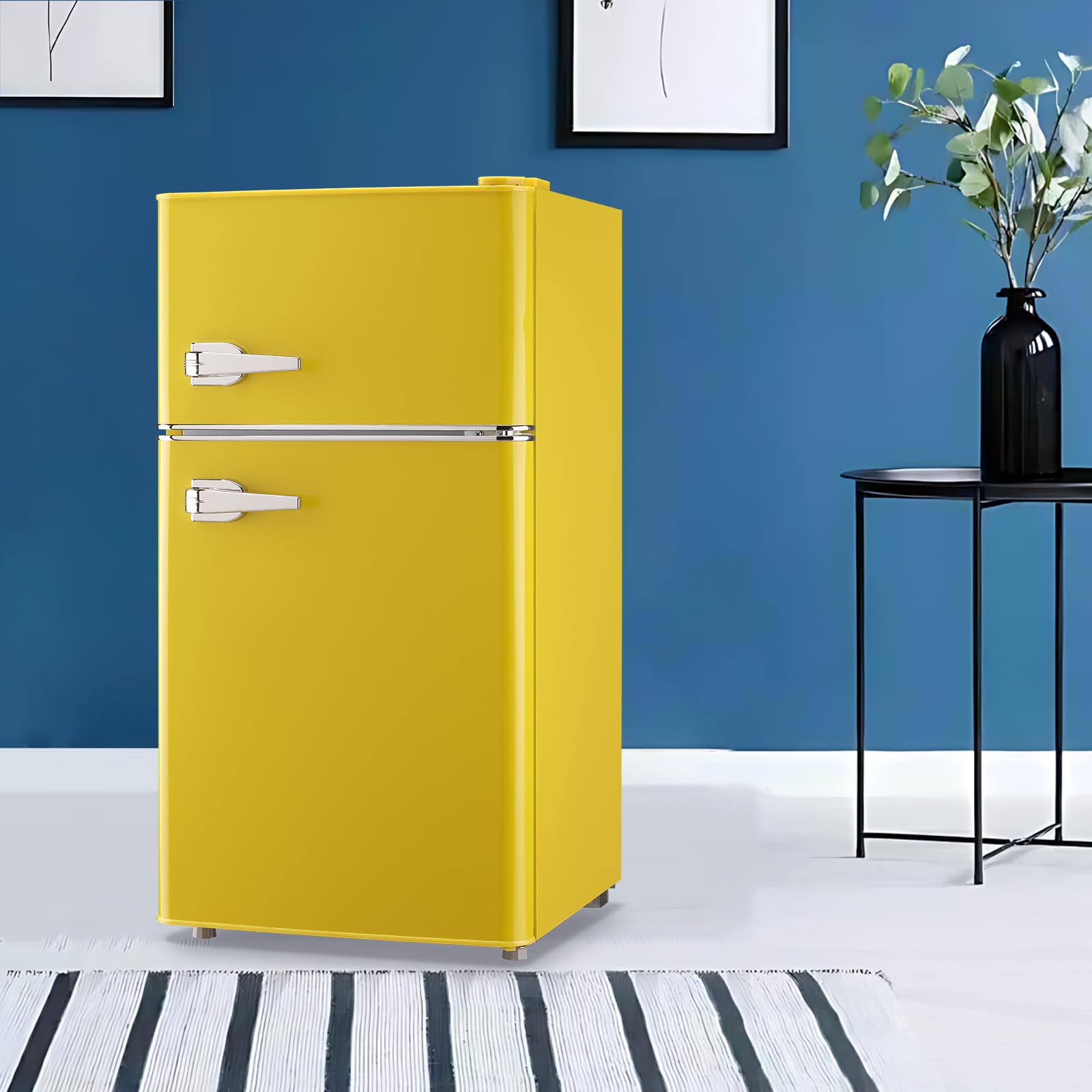 TACOOL Fridge with Freezer Mini Refrigerator Apartment Size Retro Refrigerator Double door Removable Glass Shelves 7 Temp Gear Detachable Handle Yellow | Fridge.com