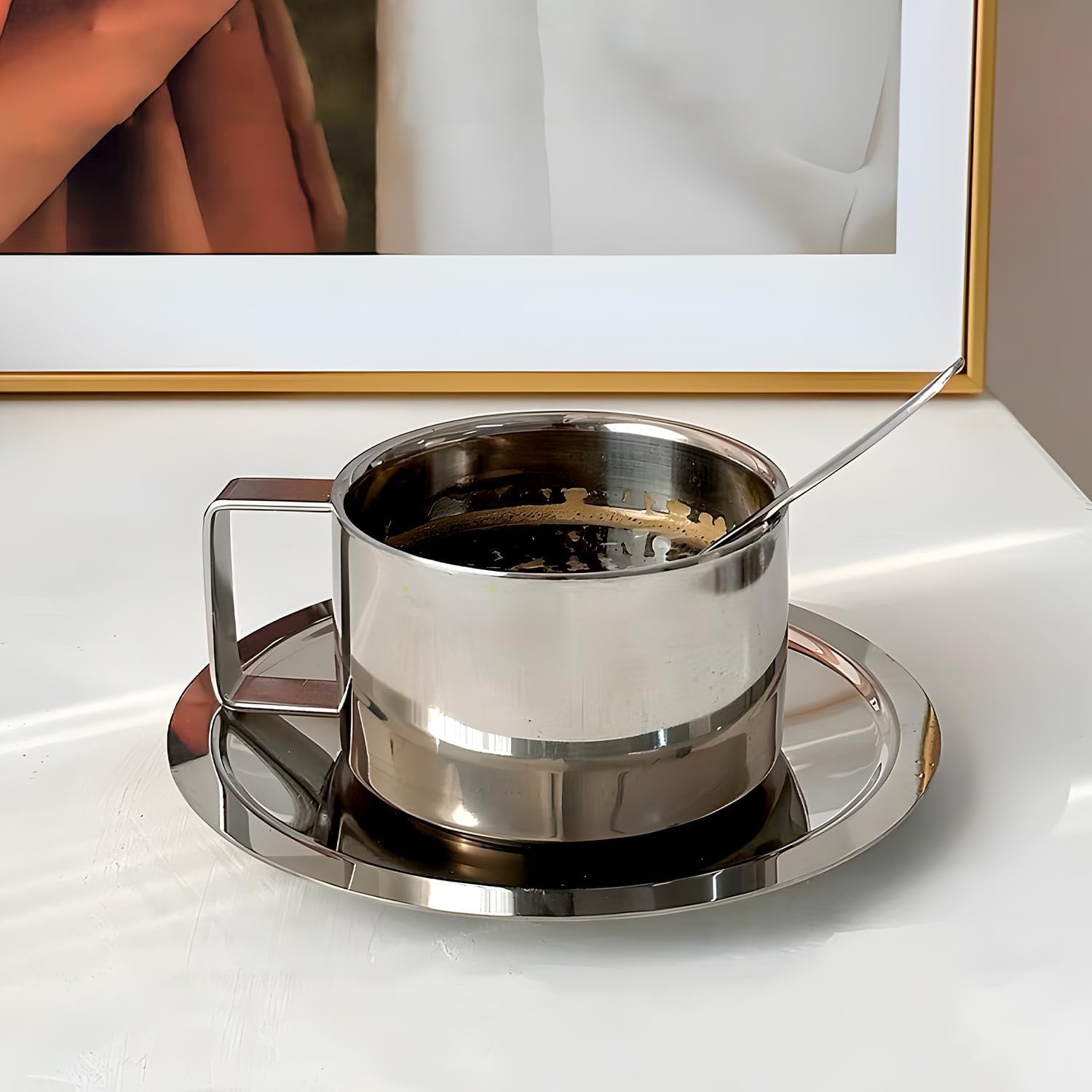 Juego de Tazas de Café Acero Inoxidable, 3 Piezas/Juego Tazas Café Espresso Aisladas, Taza Doble Pared con Asa Té Leche con Platillo Cuchara para Cafés Latte Té Leche (4 Juego)