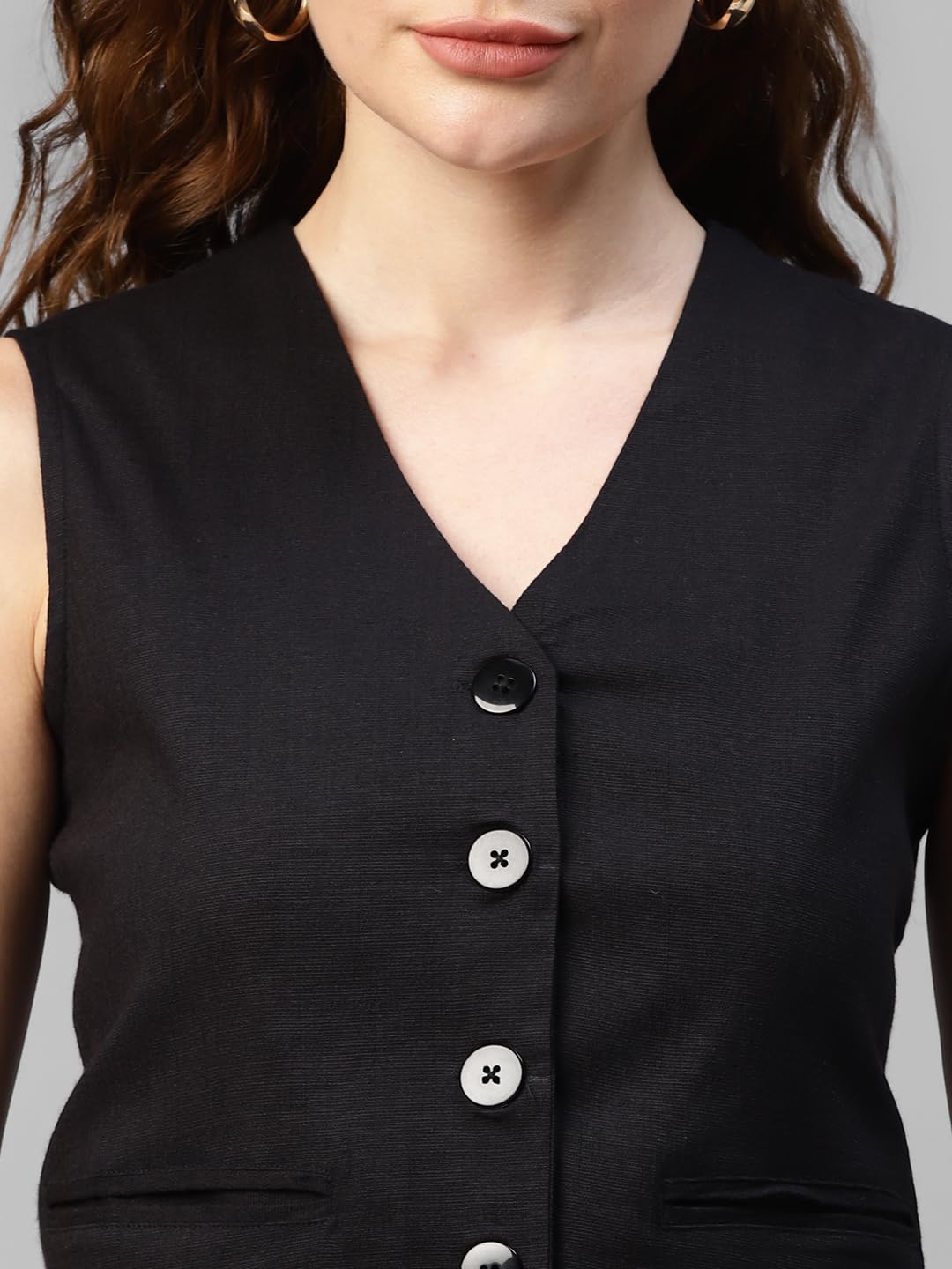 DEEBACO Women's Solid WaistCoat for Women V Neck Button Closure Sleeveless Waist Coat With Two Pockets Ladies Cord Western Party Casual Wear for Girls & Ladies Nehru Jacket (DBWC00001324_L_Black)