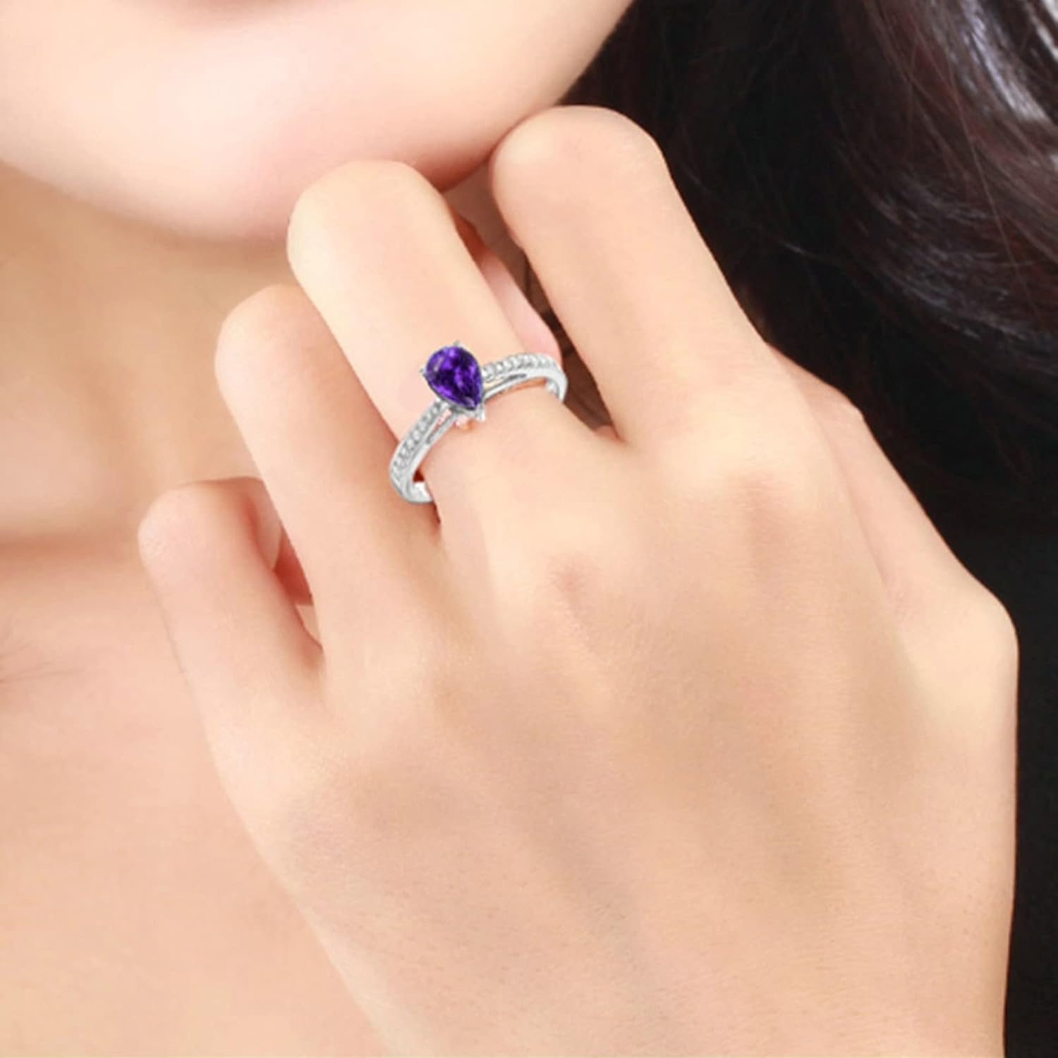 Wedding Rings, Teardrop Cubic Zirconia Ring for Girls 925 Stealing Silver Purple Rings Party Travel Jewelr Size 7