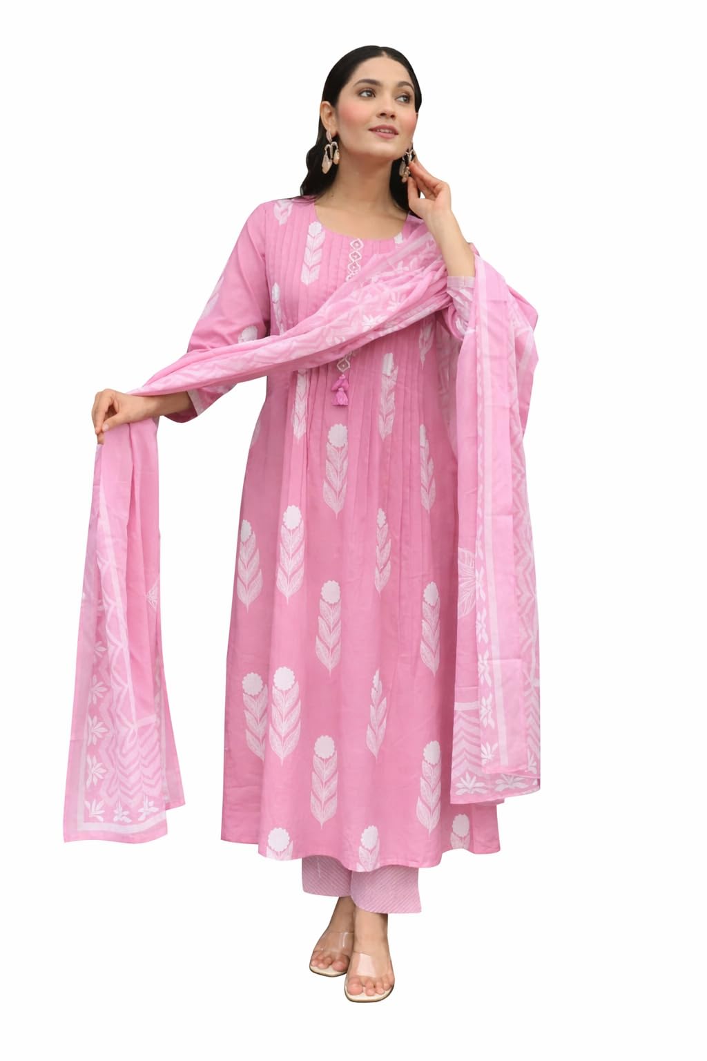 Women’s Pink Cotton Printed Kurti Set with Dupatta – Ethnic A-Line Kurta with Palazzo Pants – Festive & Casual Wear Salwar Suit for Women