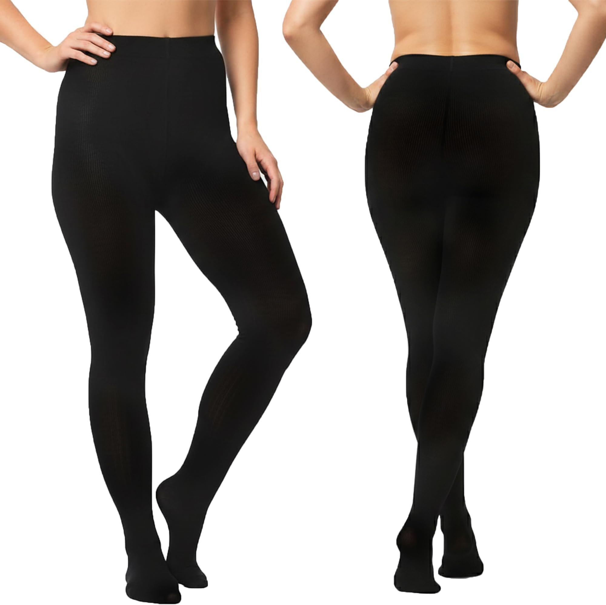 J & A MARTS Women’s 2 Pairs Fleece Lined Tights – High Waist Thermal Tights, Super Stretchy Warm Pantyhose, Thick Leggings That Look Sheer for Winter, Standard & Tall Sizes (Black)