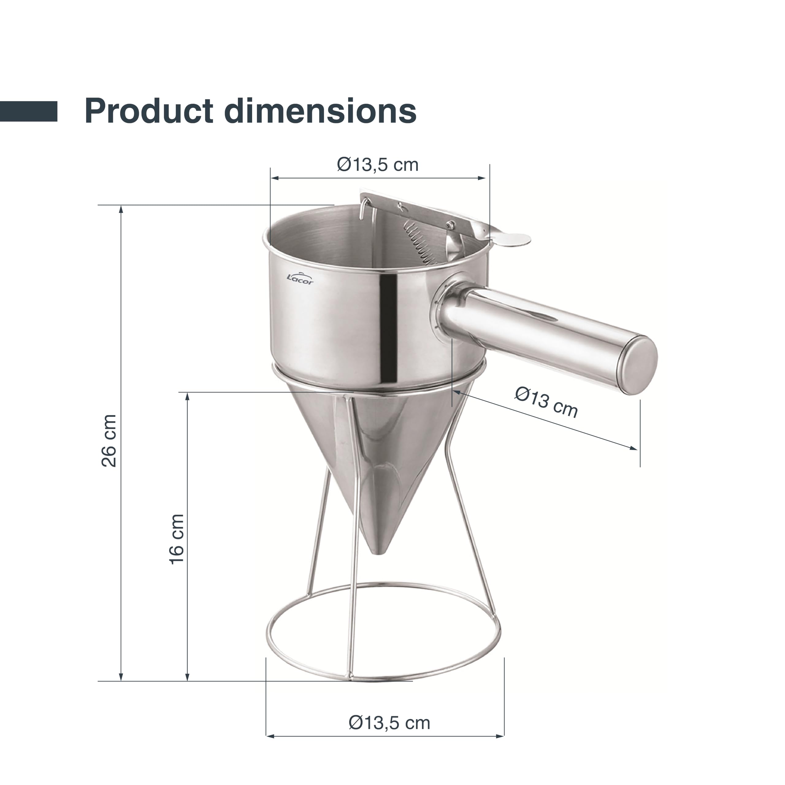 Lacor - 67151 - Dosiertrichter, ideal zum Befüllen oder Dekorieren, Edelstahl 18/10, ergonomischer Griff, 8 mm Auslaufdüse, 1.25 Liter Fassungsvermögen, spülmaschinenfest, inklusive Ständer