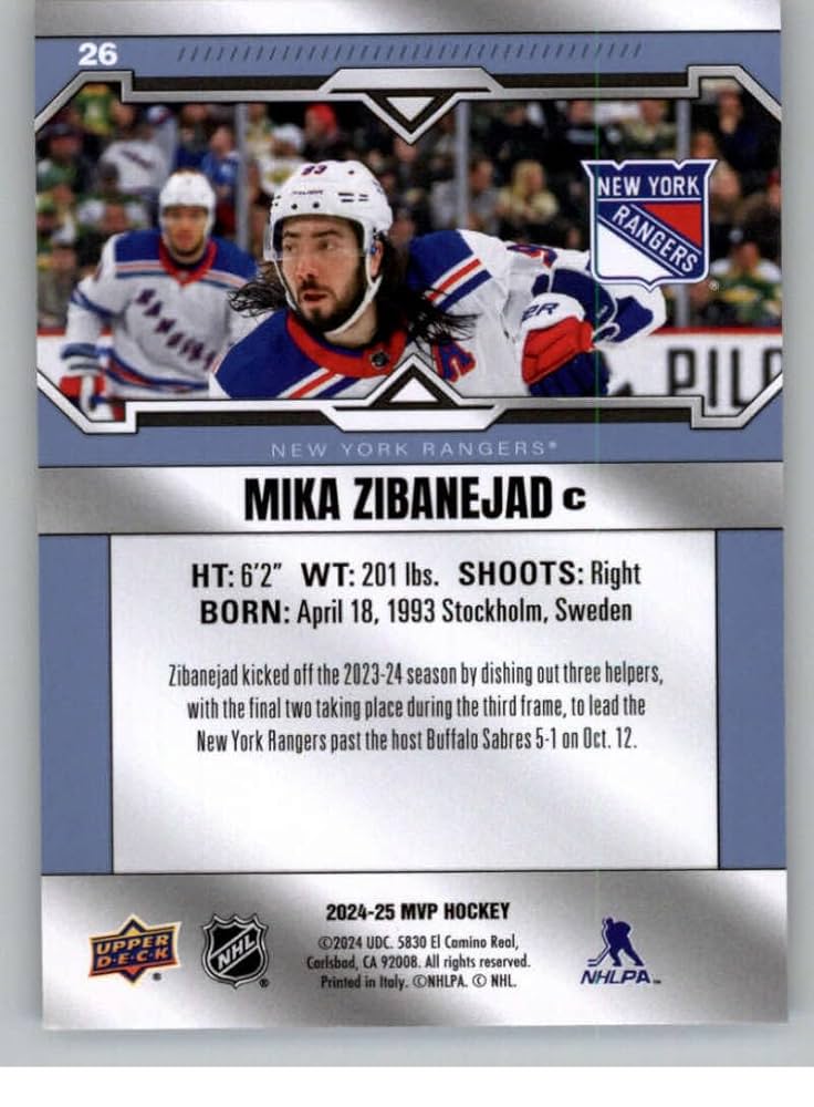 Amazon.com: 2024-25 Upper Deck MVP #26 Mika Zibanejad New
