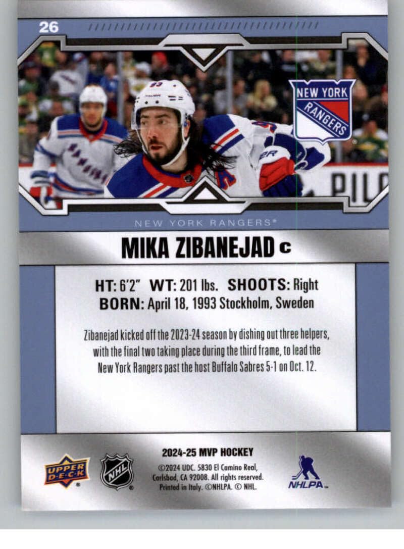 Amazon.com: 2024-25 Upper Deck MVP #26 Mika Zibanejad New York