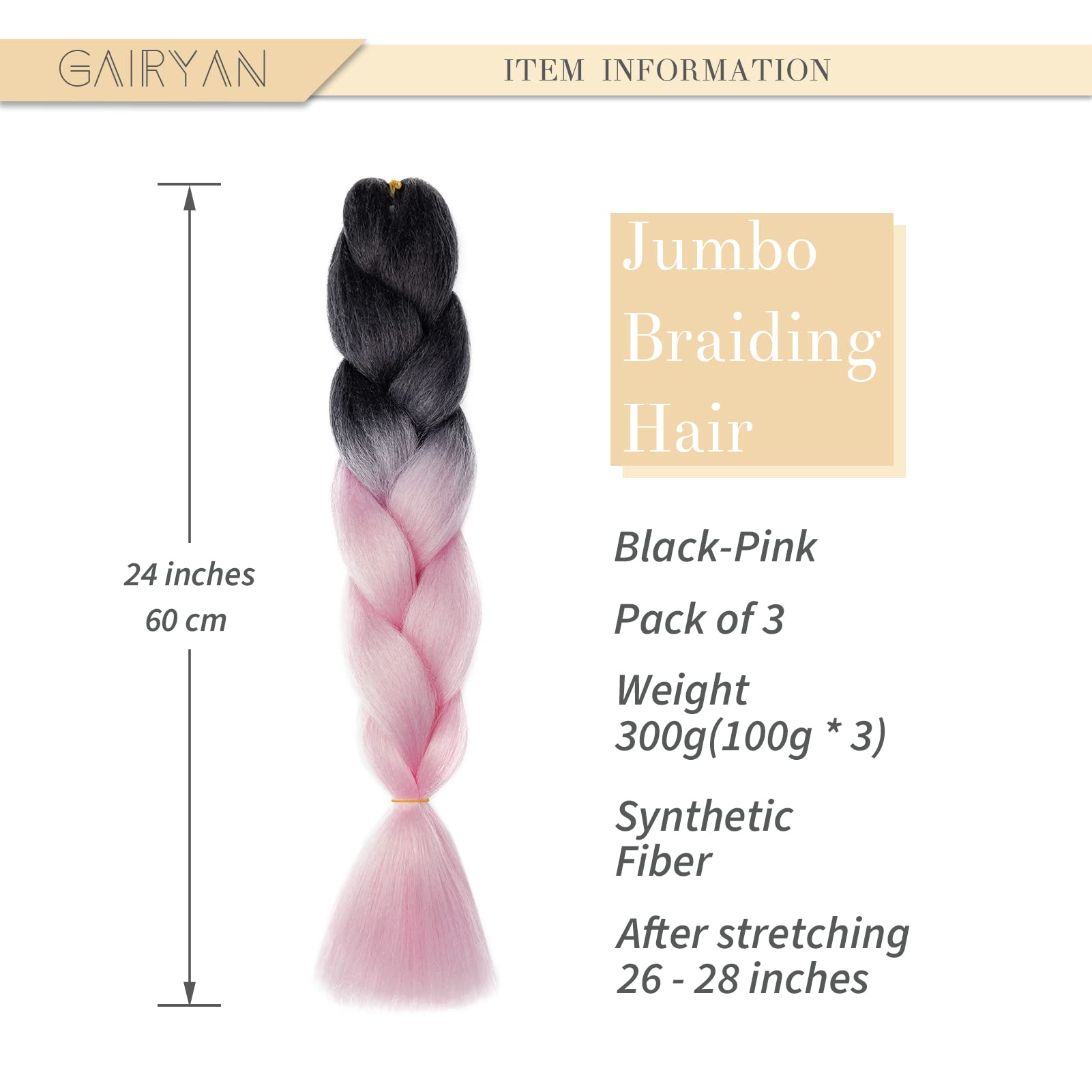 Gairyan Braiding Hair Extensions Ombre Jumbo Braids Synthetic Hair 3 Packs 24 inches 300g Coloured Hair for Braiding Extensions Box Braids Crochet Twist (Black-Pink) - Image 2