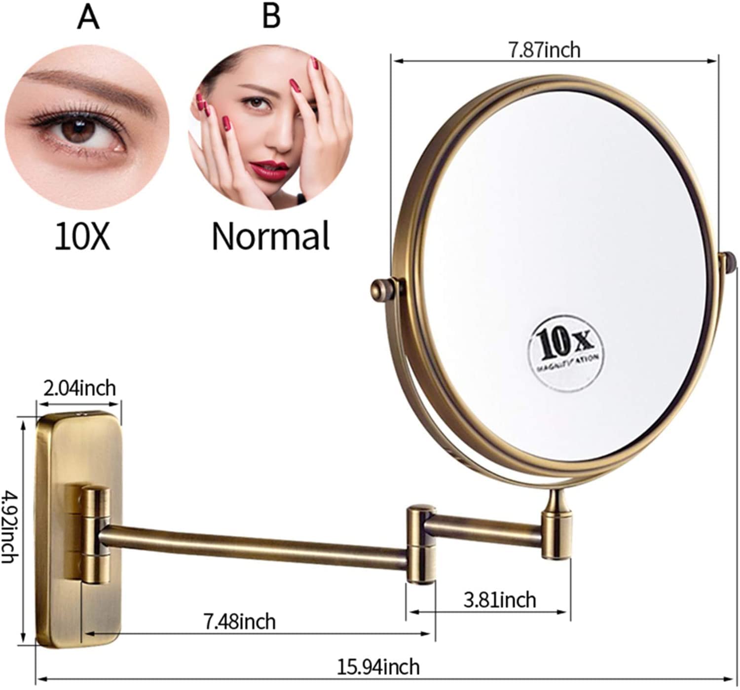 Specchio for Il Trucco, Specchio ingranditore da Barba a Doppia Faccia da 8 Pollici, specchietti Cosmetici Pieghevoli girevoli montati a Parete Regolabili,Nero,7X(Brass,10X)