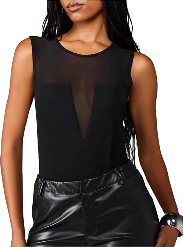 MakeMeChic Women's Mesh Sheer Tank Crew Neck Bodysuit Sleeveless Summer Leotard 