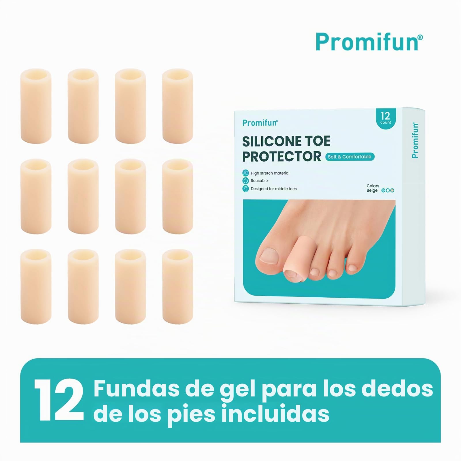 Promifun Protector de dedos de los pies - Paquete de 12 fundas de silicona protector dedos pie en martillo, callos, durezas y ampollas - Separadores de dedos para dedos superpuestos (Beige)