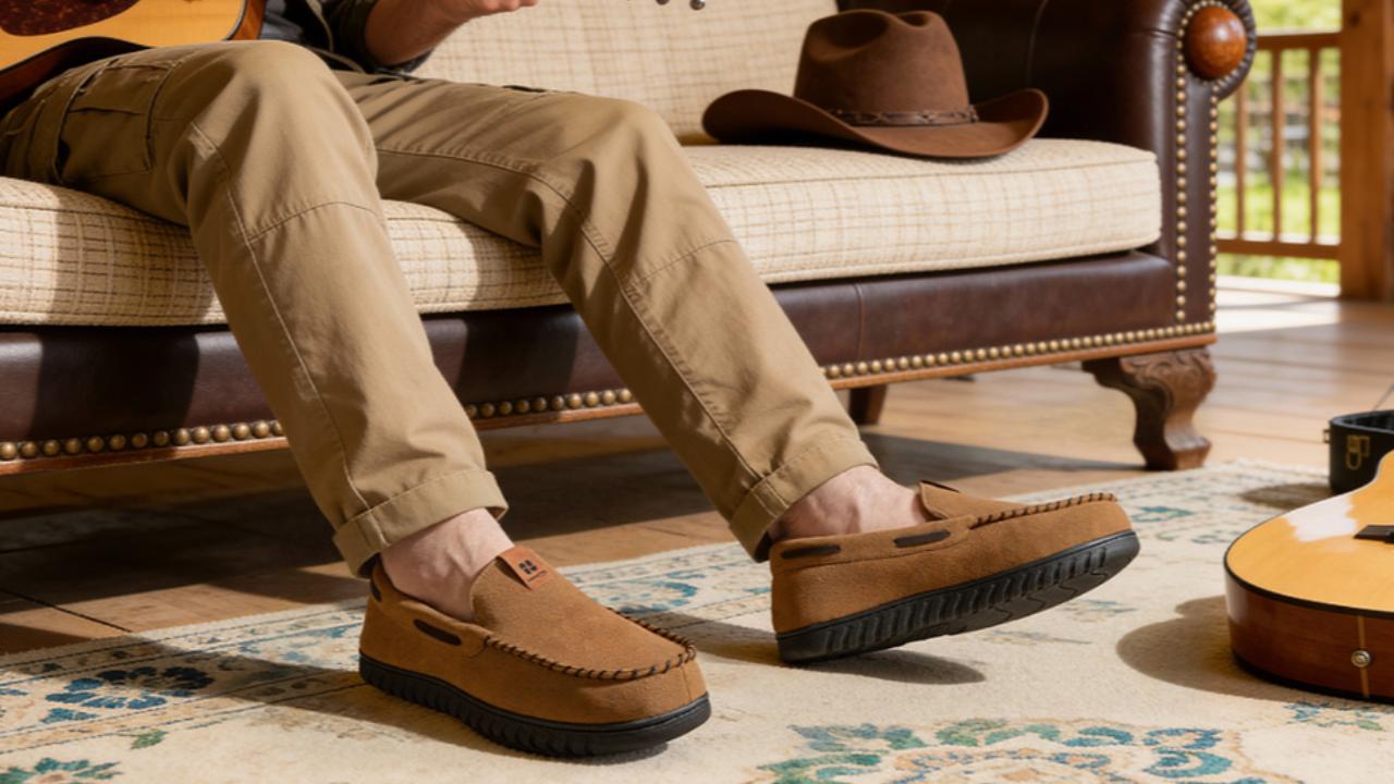 New HomeTop Men Size 10 Brown Faux Suede Fur Lined Memory Foam Moccasin Slippers HomeTop Men main image 2