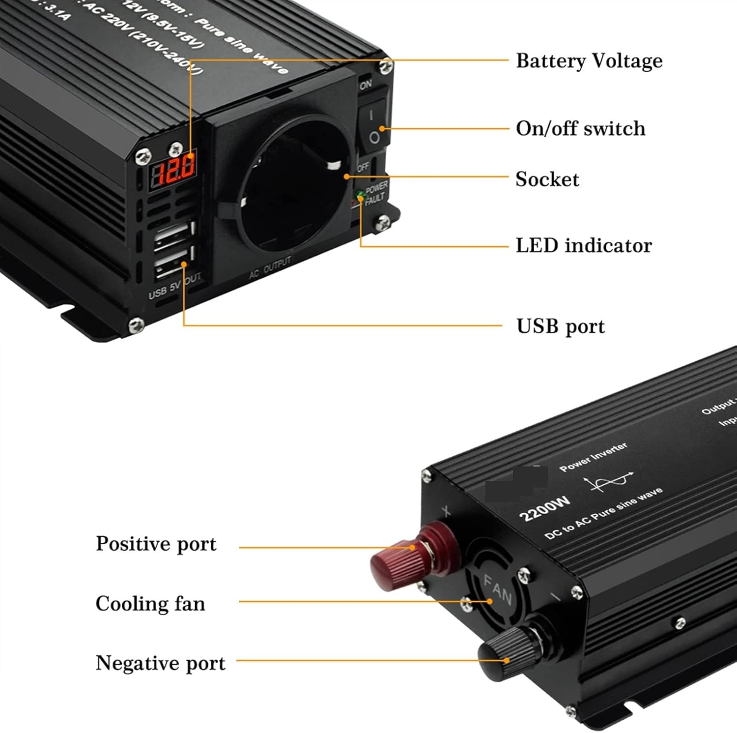 カーインバーター 純粋な正弦波インバーター 1500W/2200W/2600W コンバーター 12V から 220 230 12 ボ