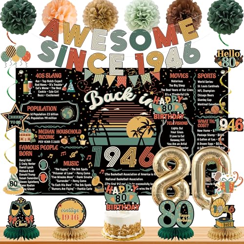Roetyce 80th Birthday Decorations Men Women Colorful Vintage Back in 1946 Poster Cheers To 80 Years Banner Balloons Hanging Swirls Cake Topper Black Awesome Since 1946 Photo Backdrop Background