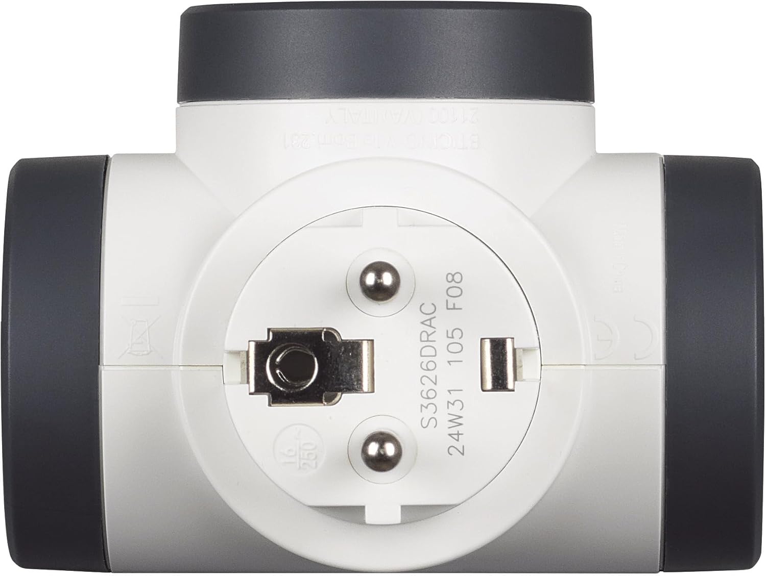 Bticino Rotary adapter S3626DRAC, 2 German standard sockets, 2 USB A+C (15 W), large plug 16 A, 180° rotatable, multiple socket strip on 3 sides, power up to 3500 W, versatile