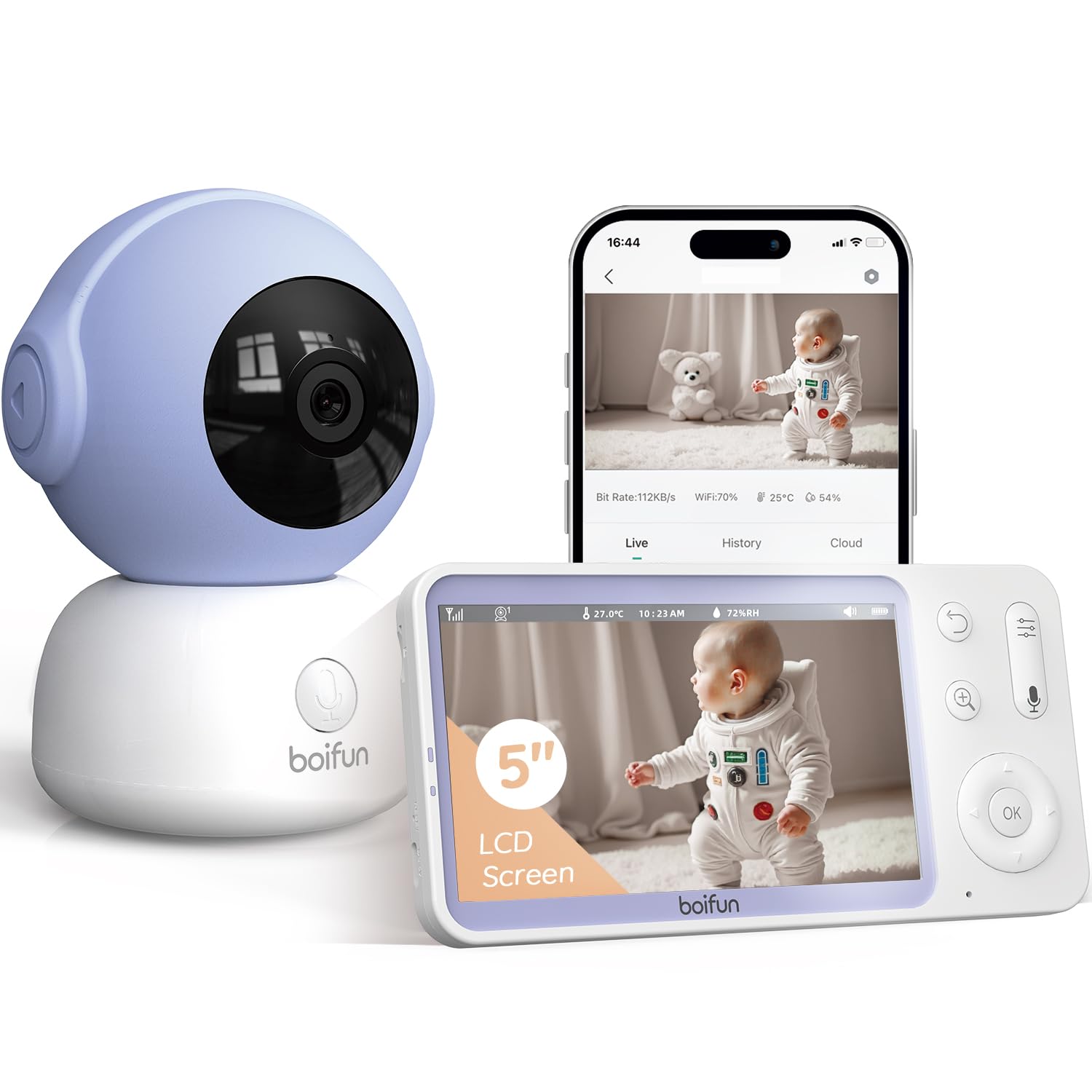 BOIFUN 2K Wifi Video Baby Monitor with Phone App & 5″ Screen, Motion & Cry Alerts, Zero Glow Night Vision, Auto Tracking