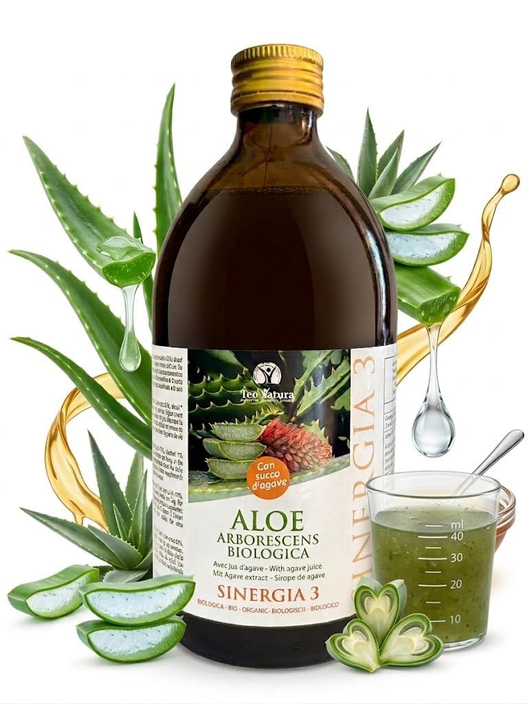 TeoNatura Sinergia 3 – Aloe Arborescens Biologica con Succo d'Agave | 500ml | Ricetta Padre Zago Vegana | Digestione, Depurativo, Intestino | Made in Sicily