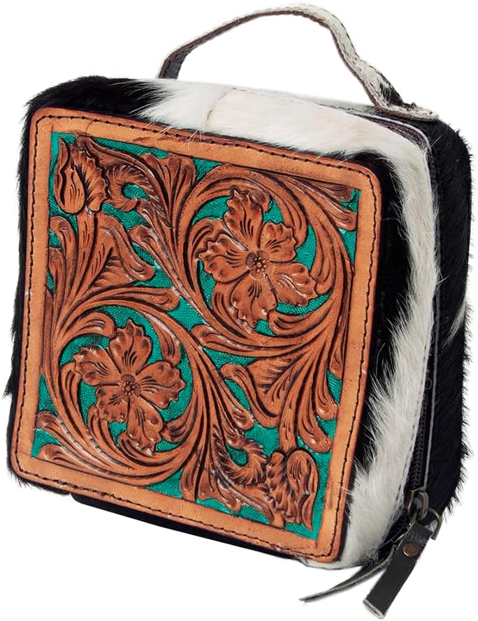 American Darling Jewelry case for Women - Hair-On Cowhide, Hand Tooled Floral Carved Genuine Leather Travel Organizer