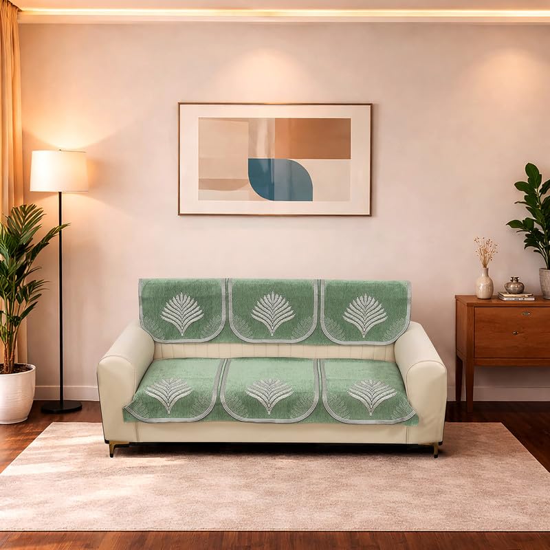Image of MORADO Premium Chenille Sofa Cover Set 5 Seater | 3+1+1 Sofa Slipcover for Living Room, Drawing Room and Office, Leaf Green