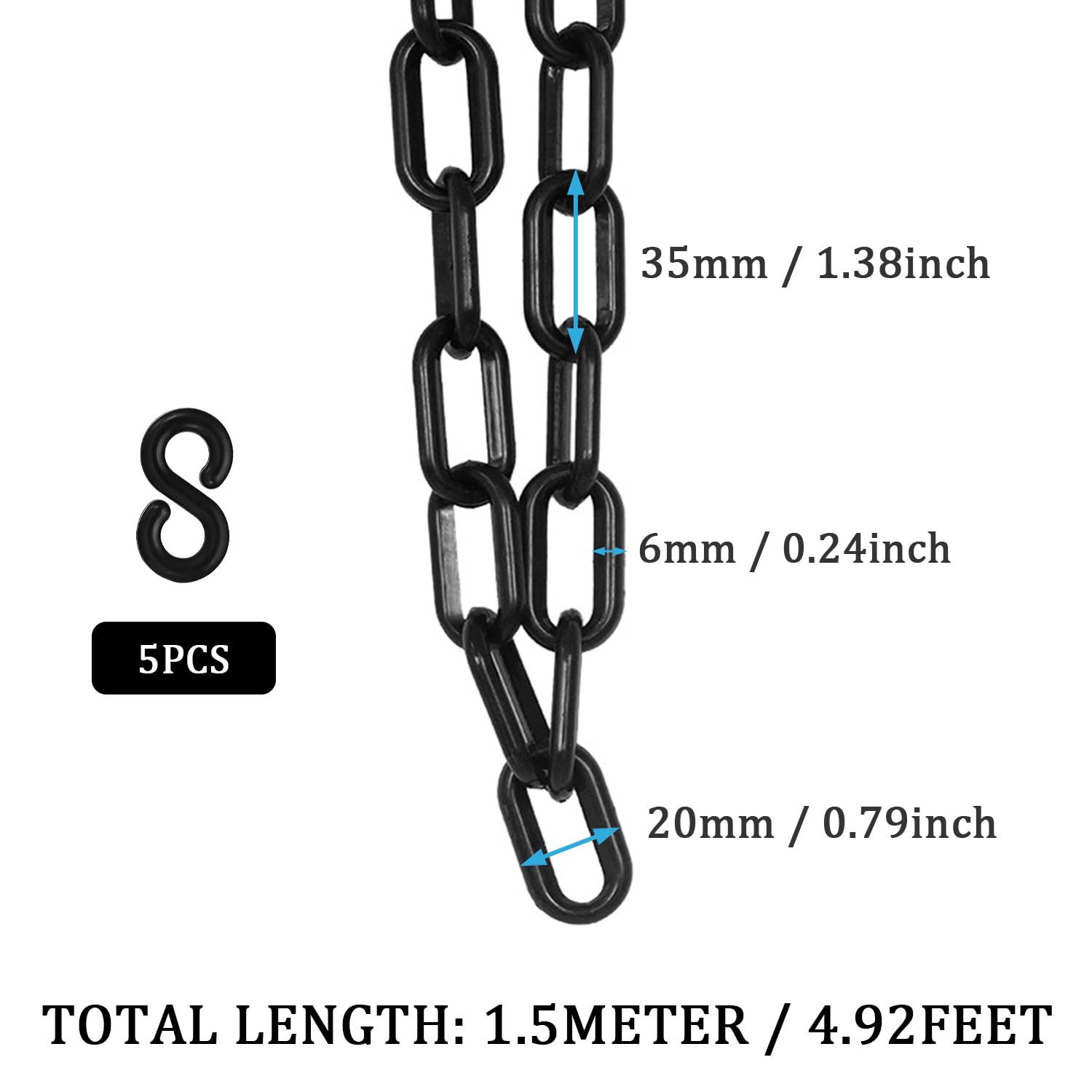 1.5 Metri Catena di Plastica Nera, 6mm Barriera a Catena per Parcheggio, Barriera di Sicurezza in Plastica con 5 Ganci, per Avviso di Sicurezza Parcheggio, Controllo Della Folla, Traffico, Coda