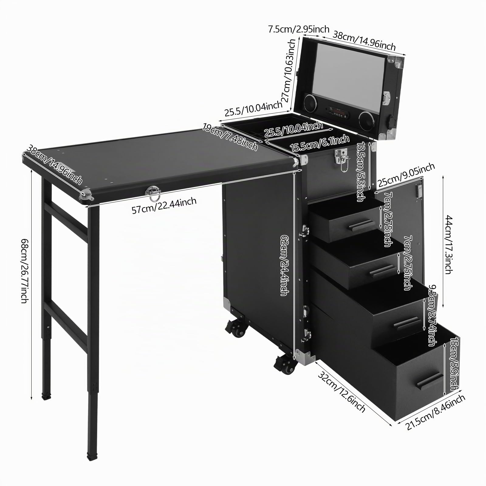 Carrello Tavolo Manicure Professionale con Aspiratore, 4 Cassetti e Specchio – Valigia Estetista Portatile per Unghie e Trucco Pieghevole