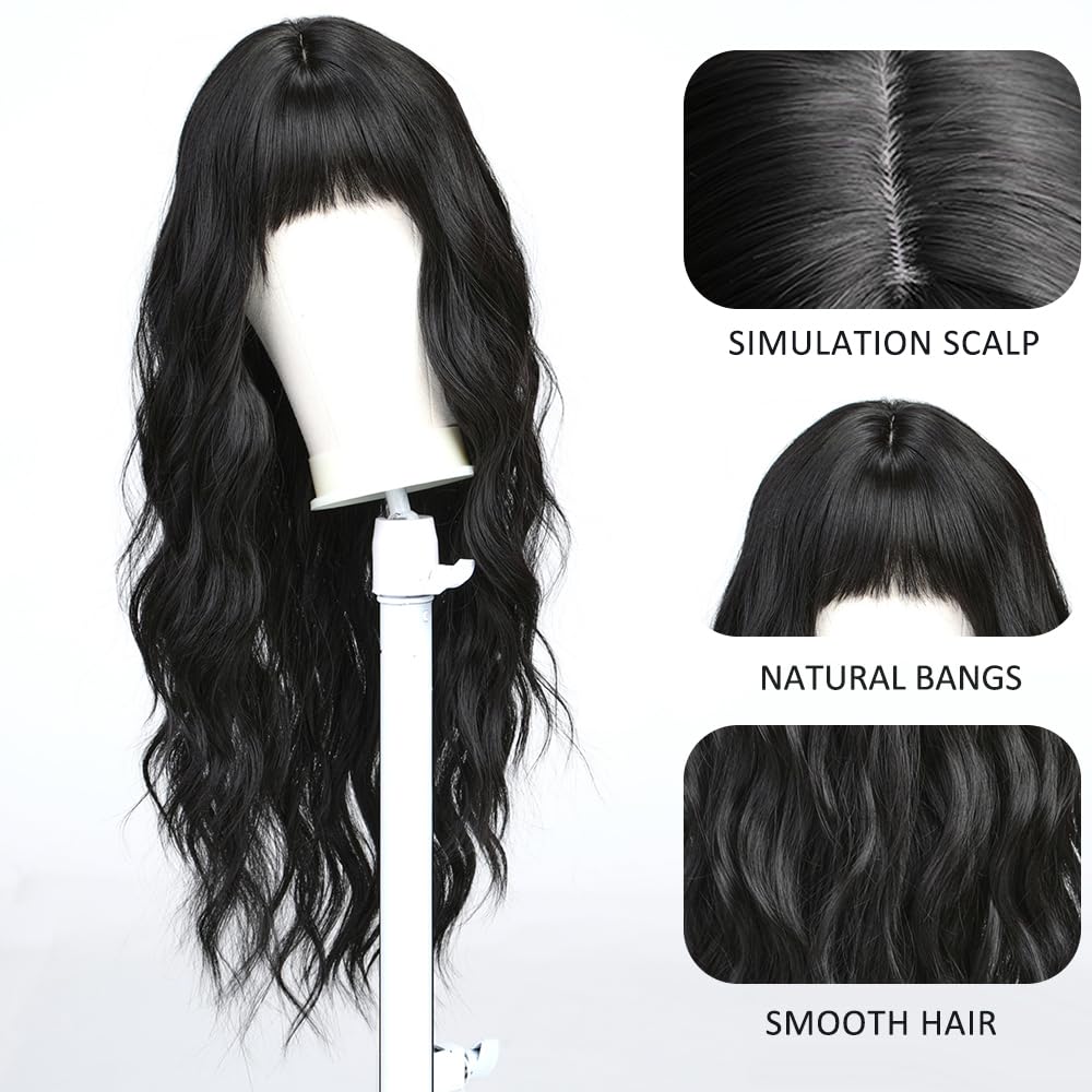Esmee Long Wavy Black Wig for Women Natural Synthetic Hair Heat Resistant Brunette Wigs with Fringe, 26 pulgadas - Image 3