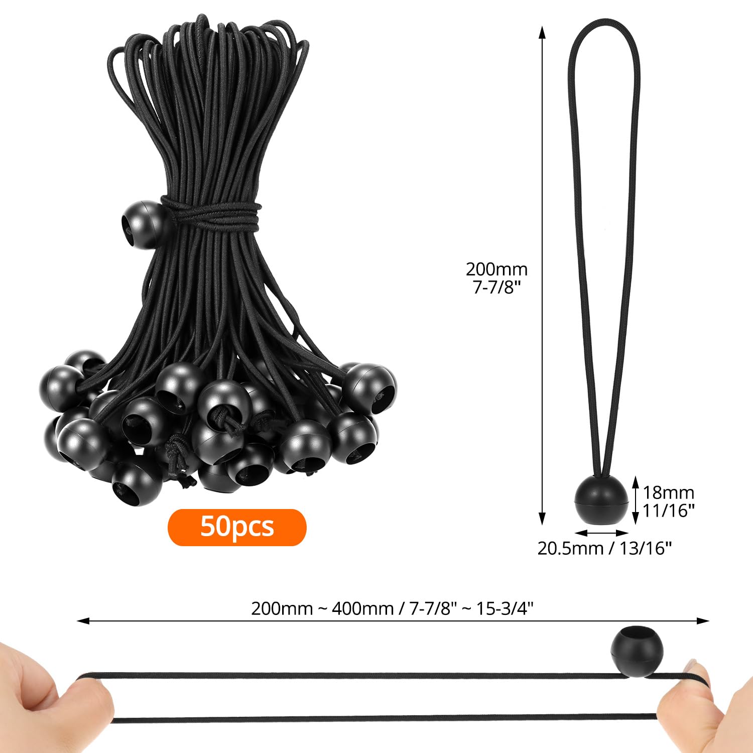 QWORK® 50 pcs Bungee Cord with Balls, 8 inch, Black Bungee Cords, Suitable for camping tents tarps, banners, Household items - Image 2
