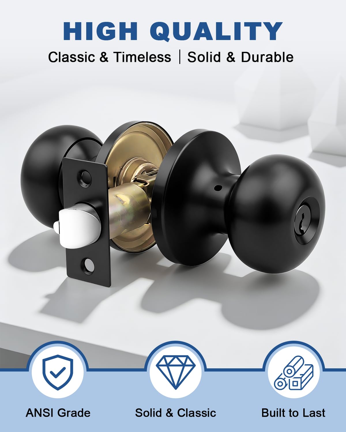 GOBEKOR 1 Pack Matte Black Door Knob with Lock and Keys, Keyed Alike Heavy Duty Entry Door Lock for Front Door, Bedroom Bathroom & Office, Reversible for Left/Right Door - 3