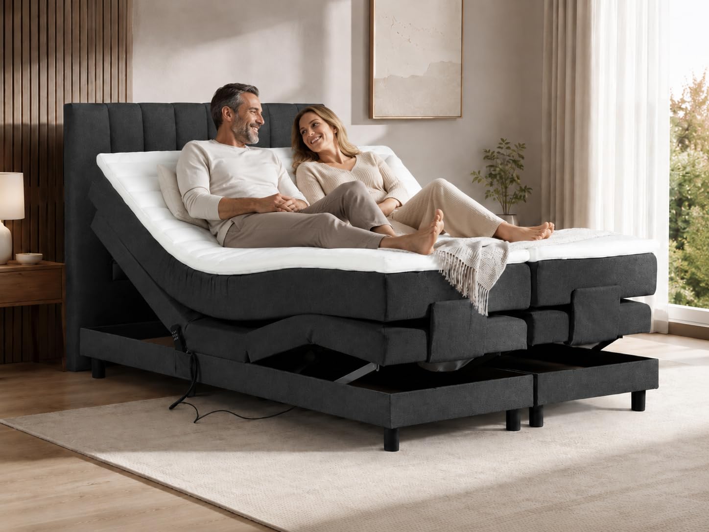Tesla Dreams Emotion Boxspringbett 180x200 cm – Elektrisch Verstellbares Boxspringbett, 7-Zonen-Taschenfederkernmatratze H2/H3, Latex-Topper, Antracit