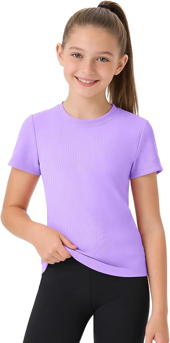 JOCMIC Girls Ribbed Athletic Shirts Crewneck Short Sleeve Tops for Teen Kids Slim Fit