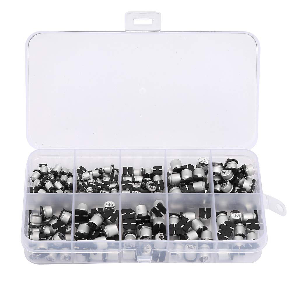 Kit de 200 condensadores electrolíticos SMD, 10 valores de 1 uF a 470 uF, de 10 V a 50 V, diversos condensadores electrolíticos de aluminio con caja de almacenamiento para