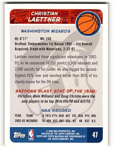 Miniatura 2 de 2003 Bazooka #47 Christian Laettner Washington Wizards Basketball Cards EXNM Basketball Card