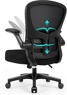 Durrafy Ergonomischer Bürostuhl, Schreibtischstuhl mit hochklappbaren Armlehnen, Verstellbarer Lendenstütze, 130° neigbar（Kann Nicht gesperrt Werden）, 360° drehbar, Netzrückenlehne, Schwarz