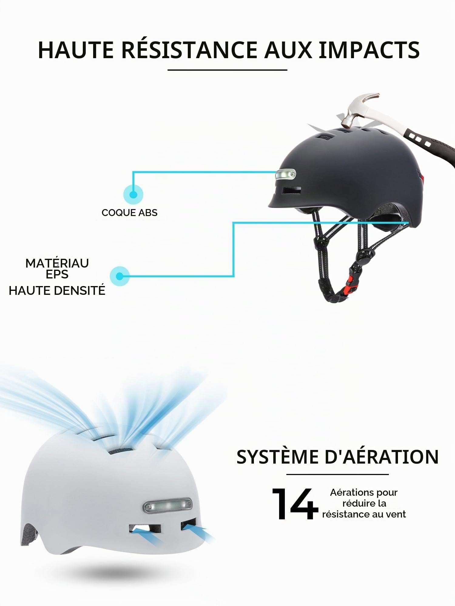 Casque de Vélo ou Scooter Électrique avec Voyant Rouge + feu Avant Blanc Casque VTT, Planche à roulettes, Patins Léger avec Doublure Amovible, Coque PC + EPS, 14 évents et Câble de Chargement USB