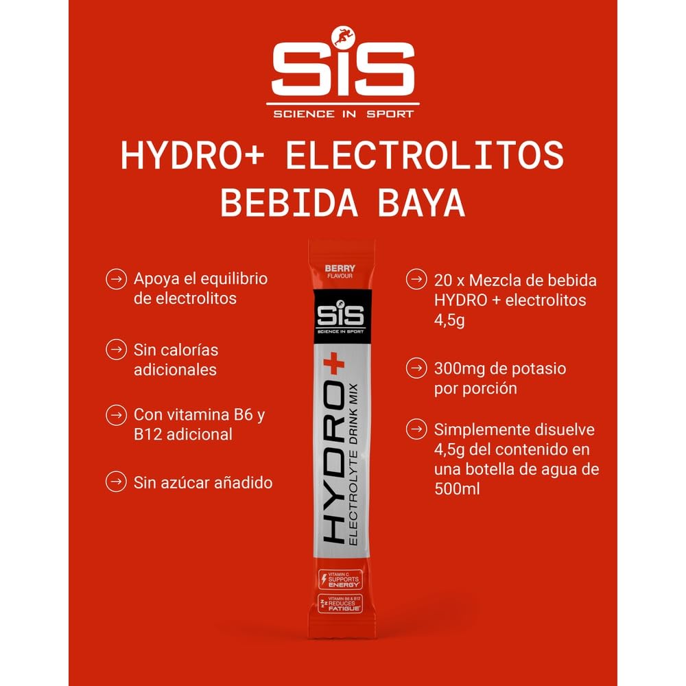 Science in Sport HYDRO+ Electrolyte Drink Mix 20x4,5g Frutos del bosque - Electrolitos en polvo veganos, Bebida deportiva en polvo con vitamina C y 5 electrolitos importantes