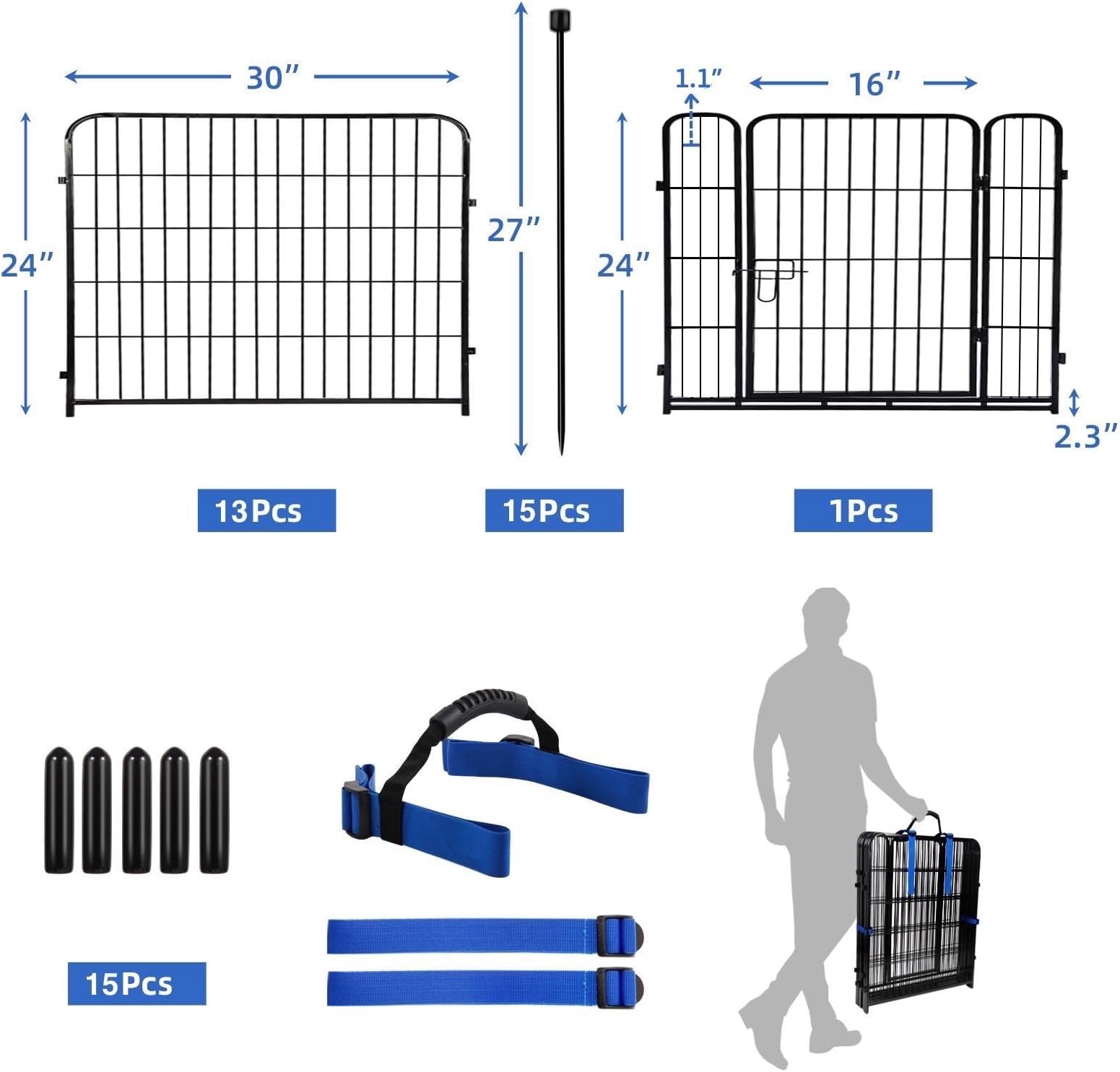 ADAVIN 24in(H) Garden Fence with Gate, 14 Panels Heavy Duty Iron Metal Animal Barrier Fence, Camping Fence, Garden Fences and Borders for Dogs,Total 35 Ft(L), Black