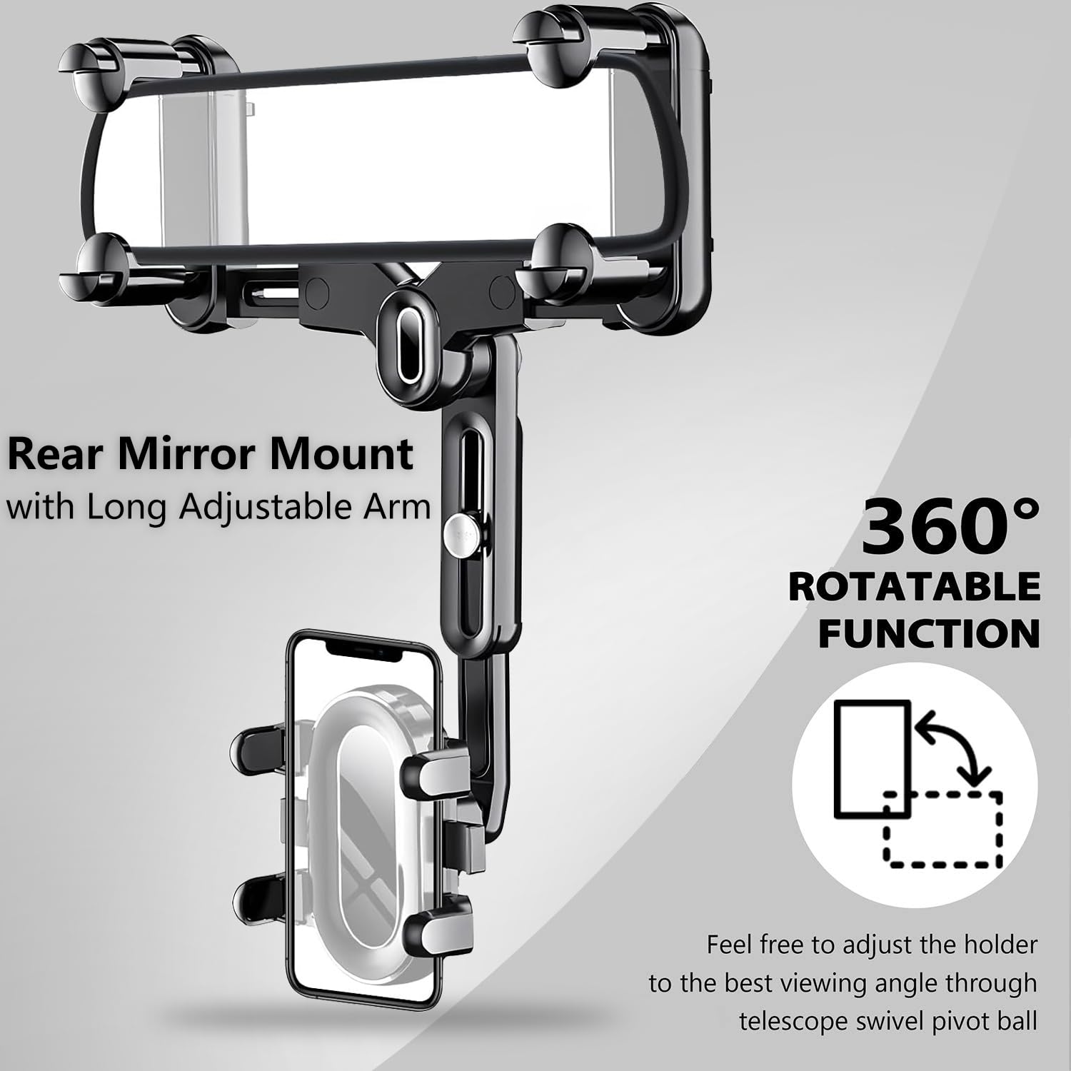 PKYAA Soporte de teléfono para espejo retrovisor para coche, soporte giratorio de 360° con longitud de brazo ajustable, cuatro esquinas mejoradas, diseño multifuncional fijo antivibración para todos