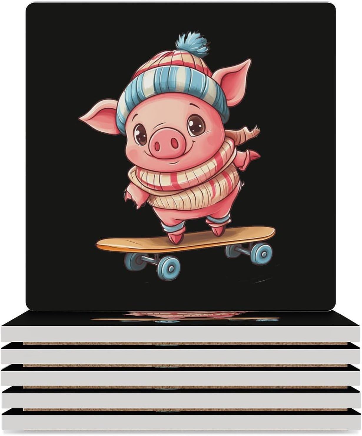 Funny Pigs Coasters for Drinks Square Table Coasters Set Cup Mats with Cork Base