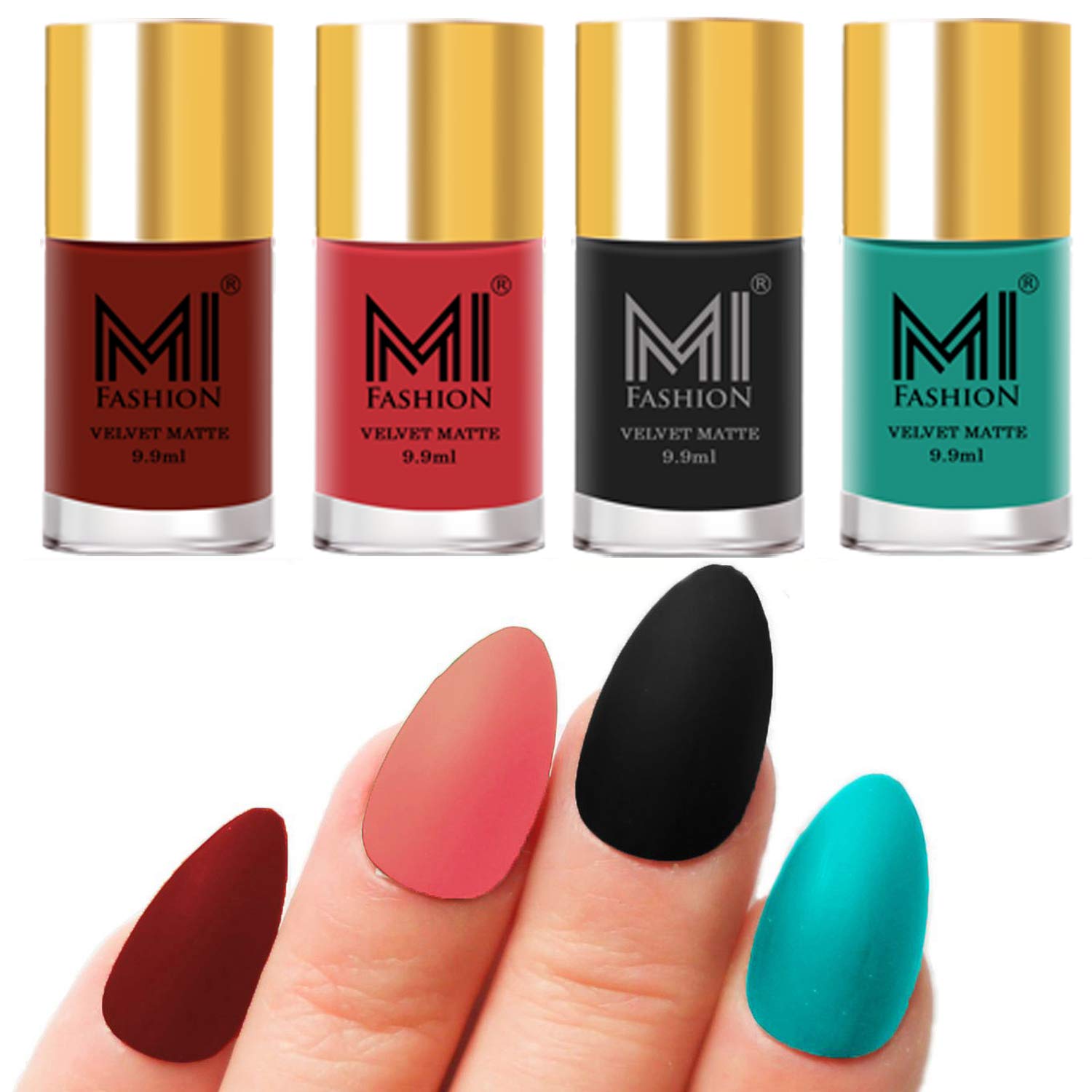 MI FASHION Modern Velvet Matte Lacquer Nail Paint Combos Endless Glam 9.9ml Each Red,Light Peach,Black And Sky Blue (Pack Of-4)-image-8