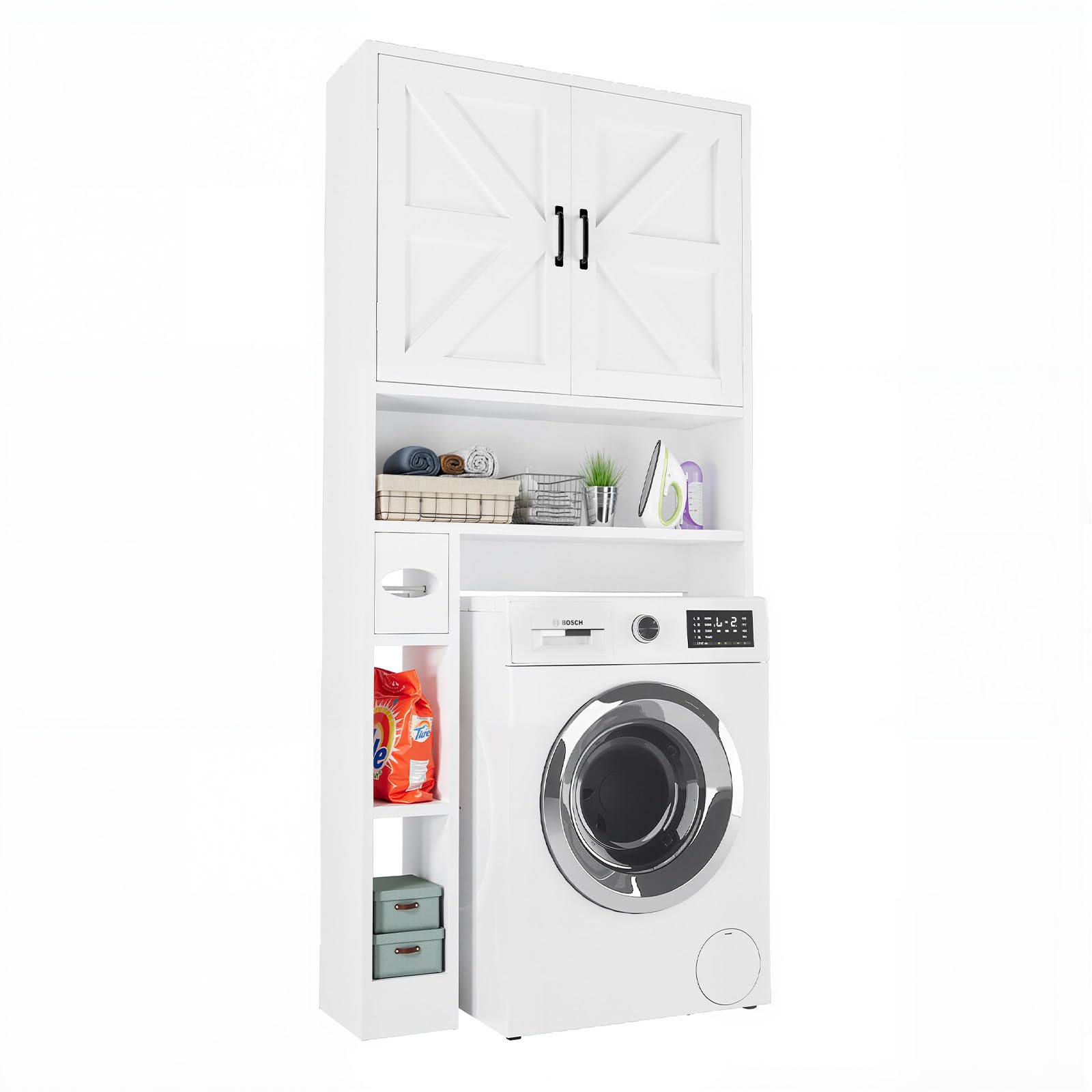 Badezimmerschrank, Waschmaschinenschrank, Waschmaschine Trockner Schrank mit 2 Türen und Verstellbaren Regalen, Toilettenregal, Toilettenschrank, Weiß