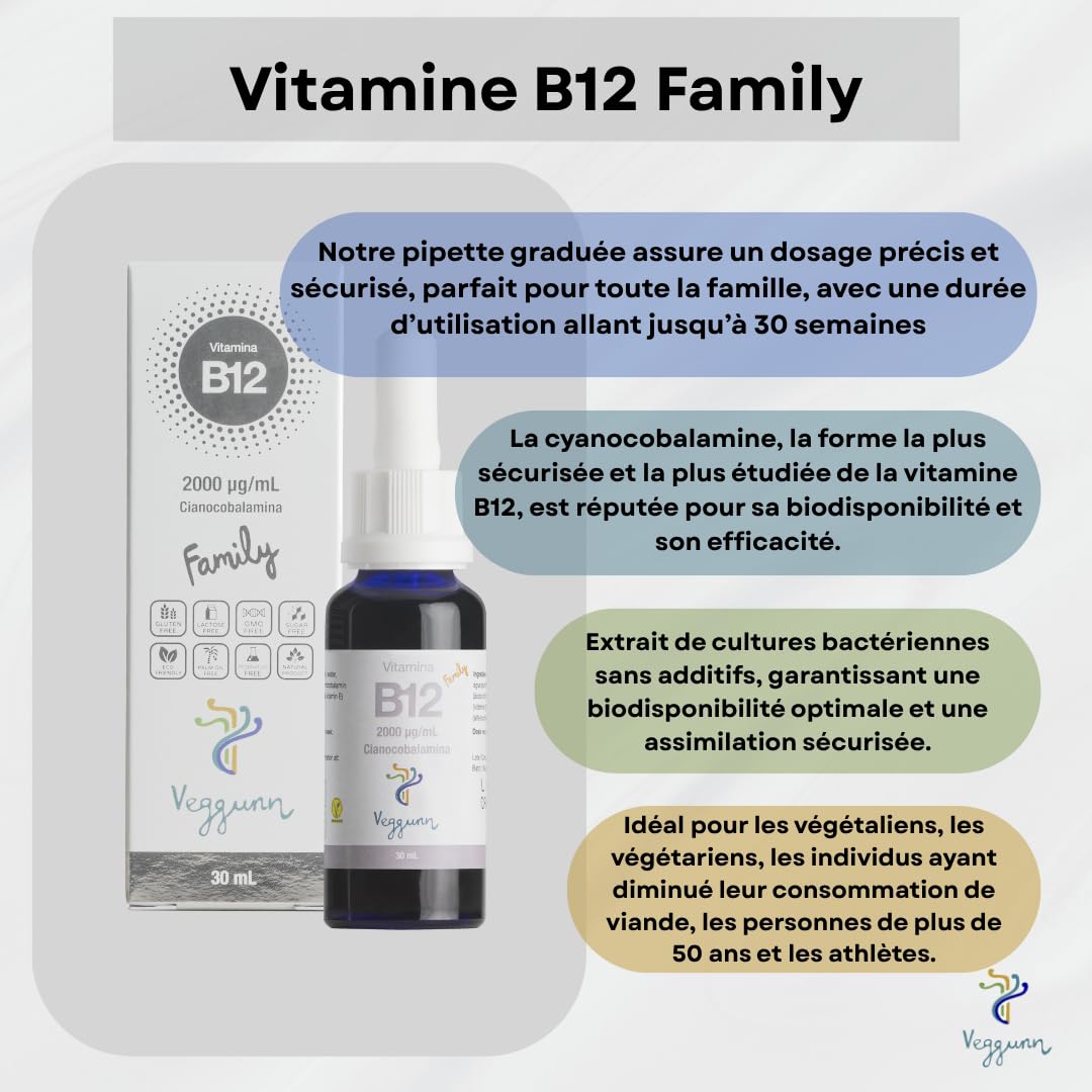 Vitamine B12 Family - 30 ml. pour 30 Semaines - 2000 mcg/ml. - B12 Vitamine Sublingual pour Adultes et Enfants - Complément Alimentaire Naturel qui Aide à Améliorer le Métabolisme