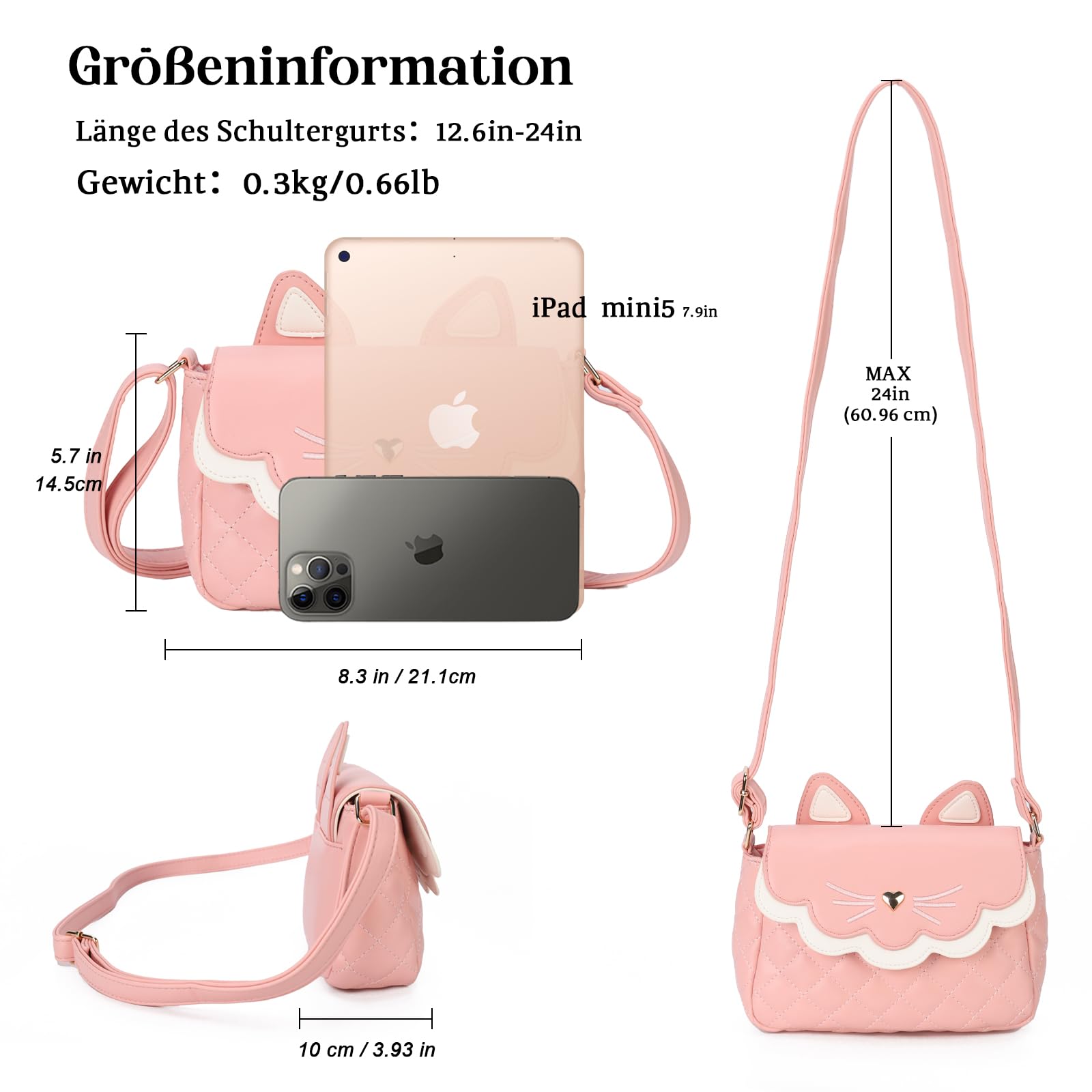 Gladdon Borsa a Tracolla per Ragazze Mini Borsa a Tracolla Borsa per orecchie di gatto Cute Princess Bag Borsa in pelle pura come regalo per ragazze, ragazzi e adolescenti Design originale(Rosa)
