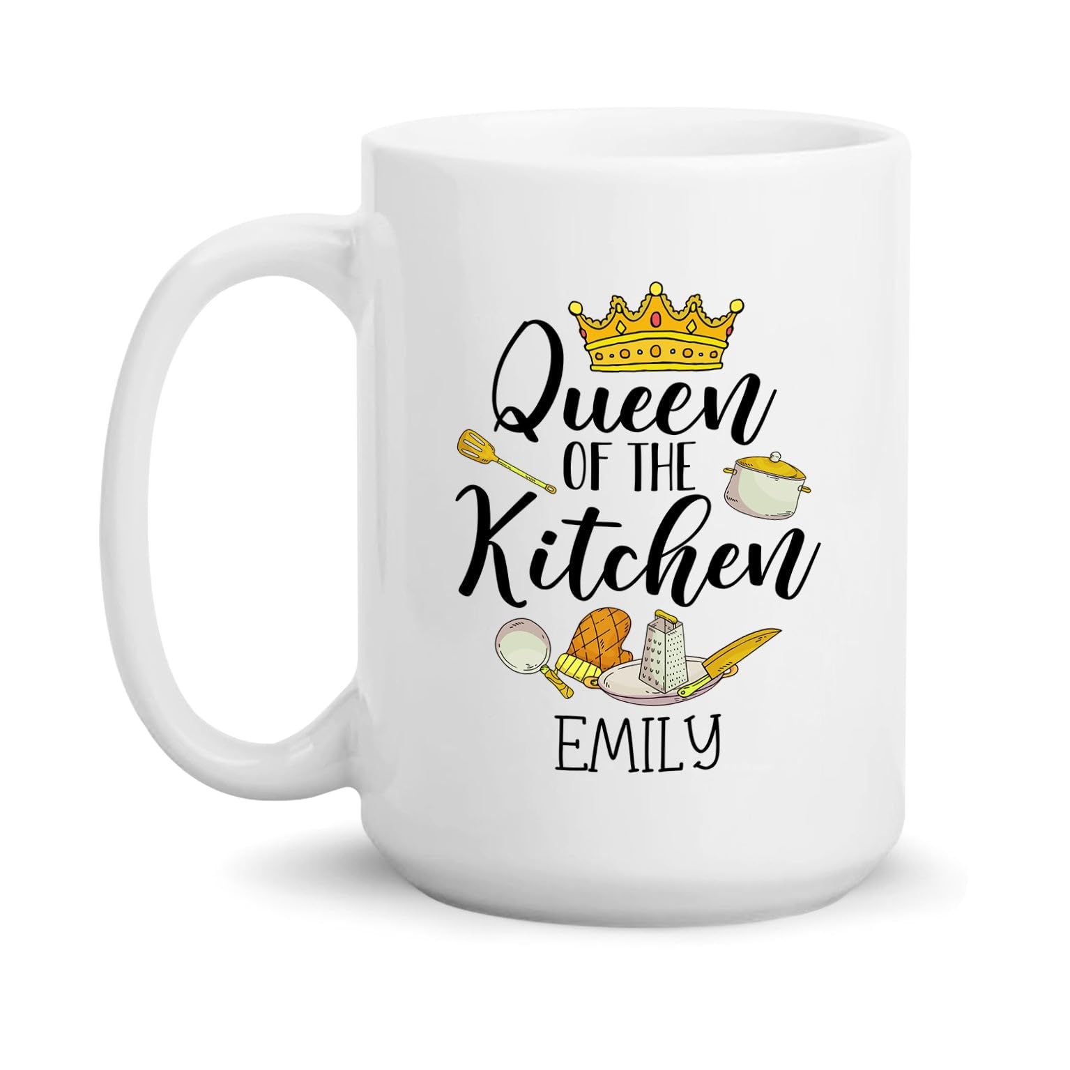 Queen Of The Kitchen Mug, Personalized Name Queen Crown Coffee Mug, Funny Mommy Ceramic Mug for Mom Sister, Unique Kitchen Queen Tea Cup Gifts for Mum