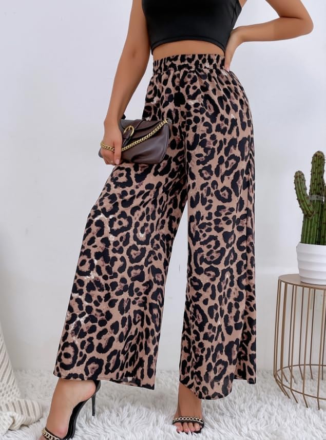 Women's Leopard Pants Elastic High Waist Wide Leg Trousers with Pockets Casual Streetwear 2026 Fall Leopard Pants - Image 2