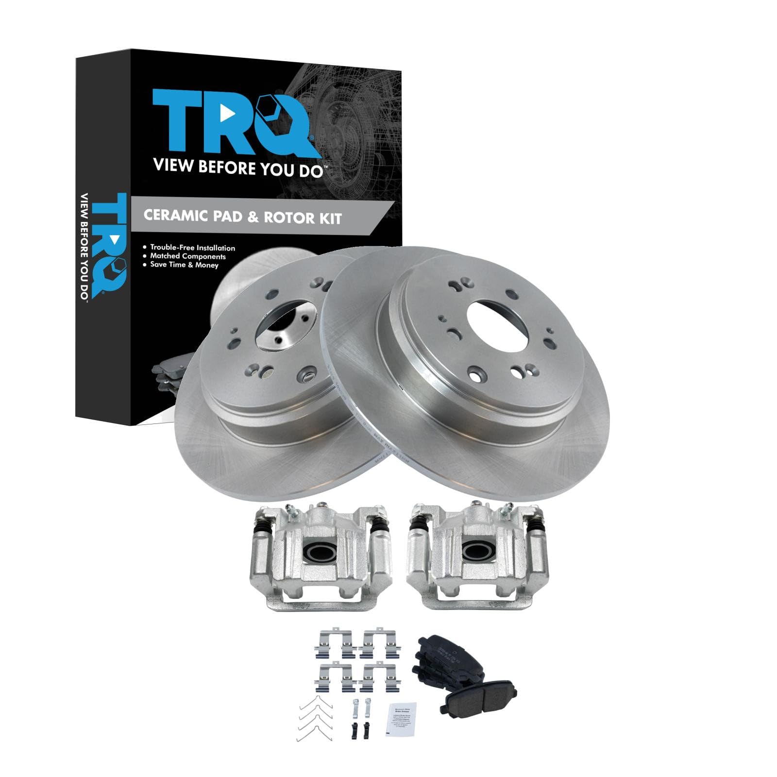 TRQ Rear Brake Pad and Rotor Set Ceramic Solid Rotors Calipers