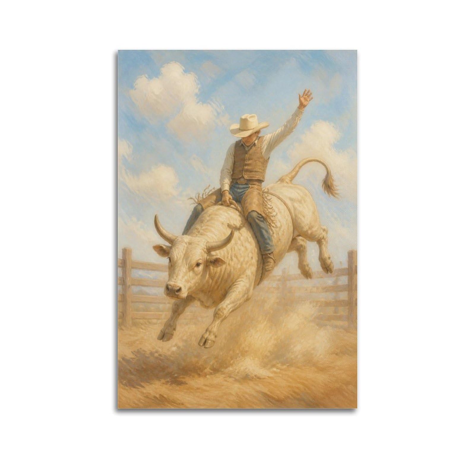 OKAHYS Pastel Country Rodeo Bull Riding Poster Vintage Rustic Cowboy Modern Decorative Canvas Prints - Ideal Wall Art for Family, Man Cave, Game Room, Boys & Girls Bedroom 24x36inch(60x90cm)