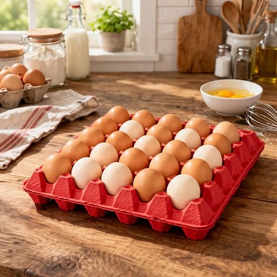 Egg Trays Holds 30 eggs - Cardboard Biodegradable boxes - Reusable Egg Tray Boxes (5, Red)