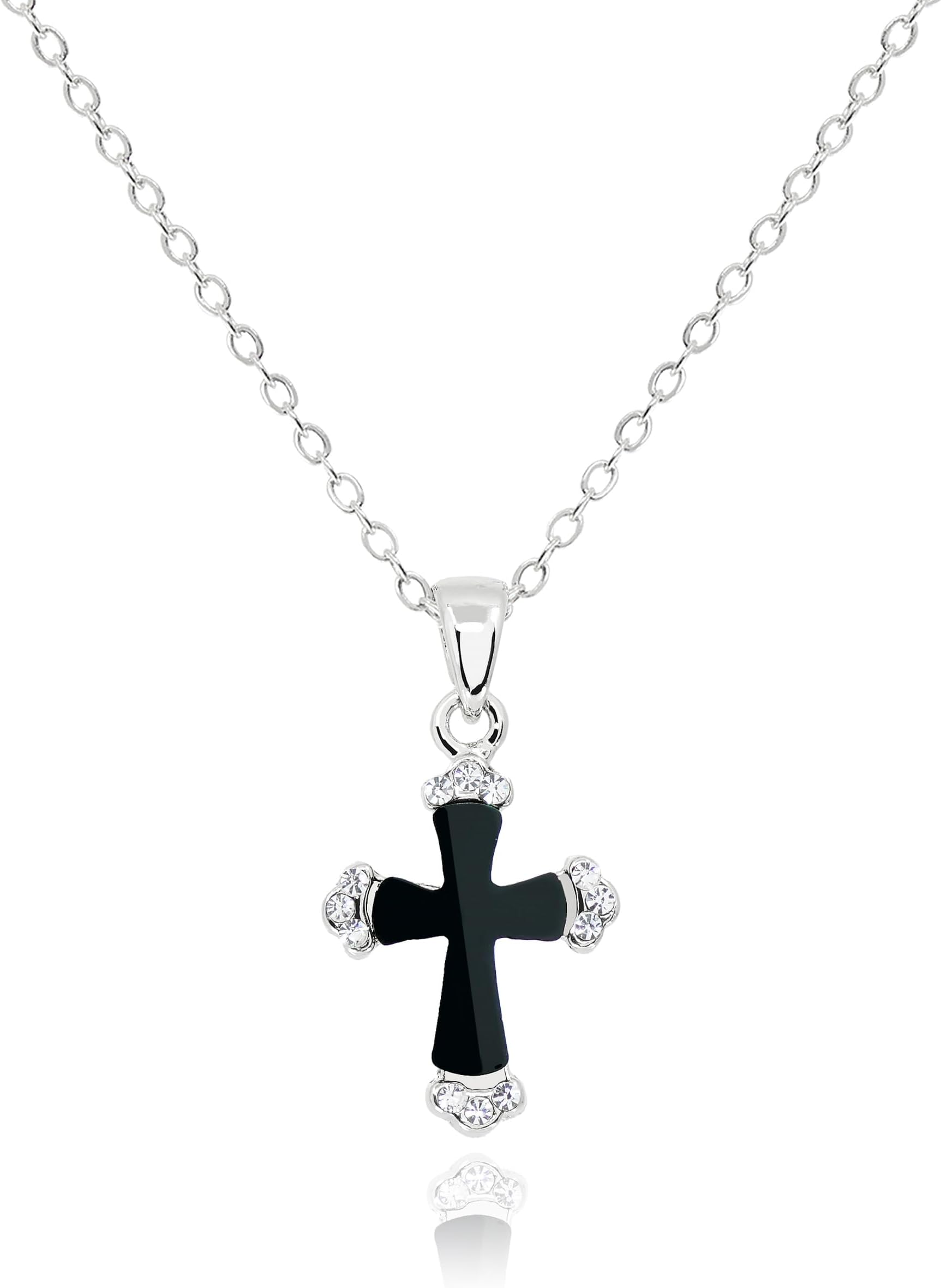 Real Stone Cross Necklace for Women • Natural Black Onyx Cross Pendant • White Gold Silver Plated Stainless Steel Vintage Gothic Jewelry Christmas Gifts [CXN-BK-S]