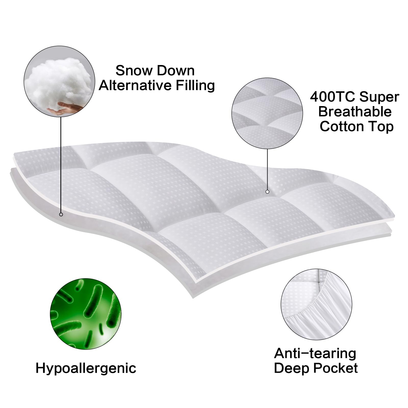 BaliChun Mattress Topper Queen Size Extra Thick Mattress Pad 400TC Cotton Top Cooling Soft Breathable Pillow Top Mattress Cover 8-21" Deep Pocket Fitted Mattress Protector (60x80 Inches, White) - 3